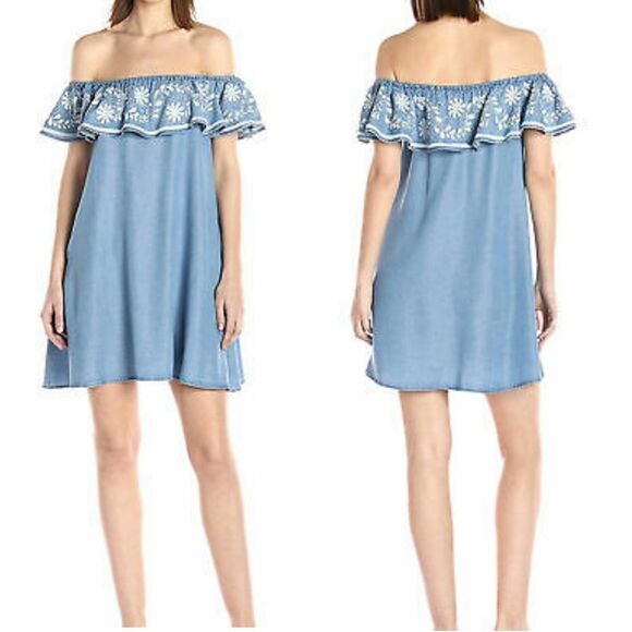 REBECCA MINKOFF Dev Off Shoulder Chambray Lyocell Embroidered Dress M - Picture 8 of 8